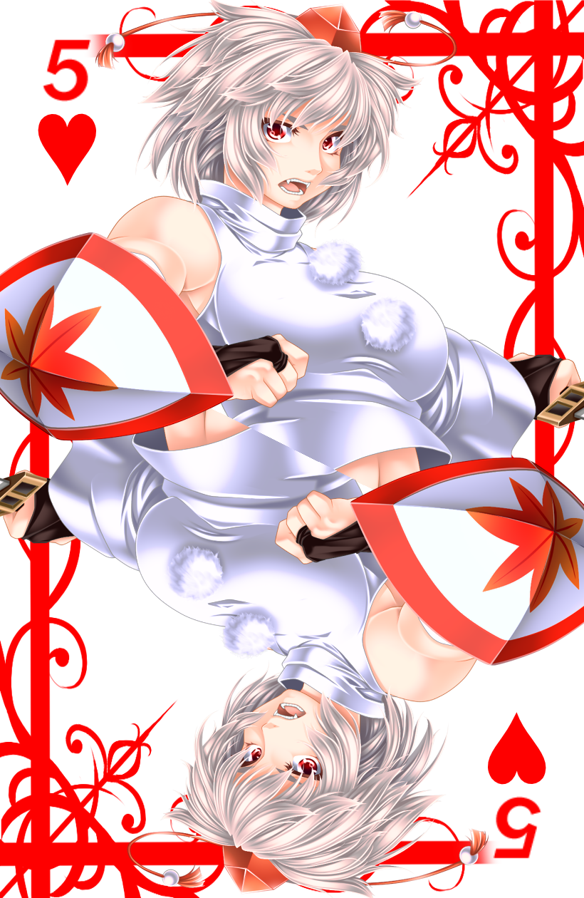 1girl border breasts bridal_gauntlets card card_(medium) detached_sleeves fangs hat heart high_collar highres inubashiri_momiji leaf looking_at_viewer maple_leaf open_mouth playing_card pom_pom_(clothes) red_eyes shield short_hair solo sword symmetry tokin_hat touhou weapon white_hair yoiti