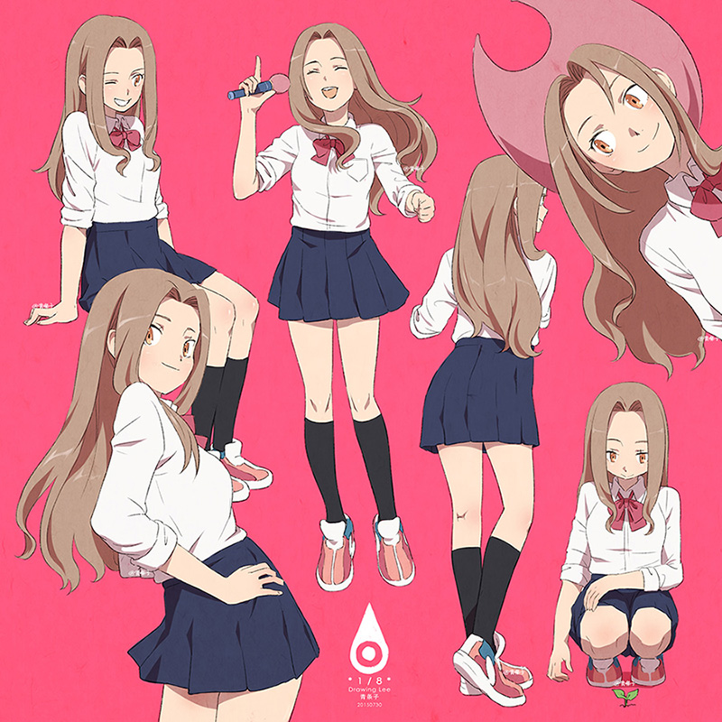 1girl :d ;d ^_^ black_legwear bow brown_hair closed_eyes cowboy_hat digimon digimon_adventure digimon_adventure_tri from_behind hands_on_hips hat invisible_chair kneeling lee1210 long_hair looking_at_viewer looking_back microphone one_eye_closed open_mouth pink_background plant school_uniform shiny shiny_hair simple_background sitting skirt smile socks symbol tachikawa_mimi