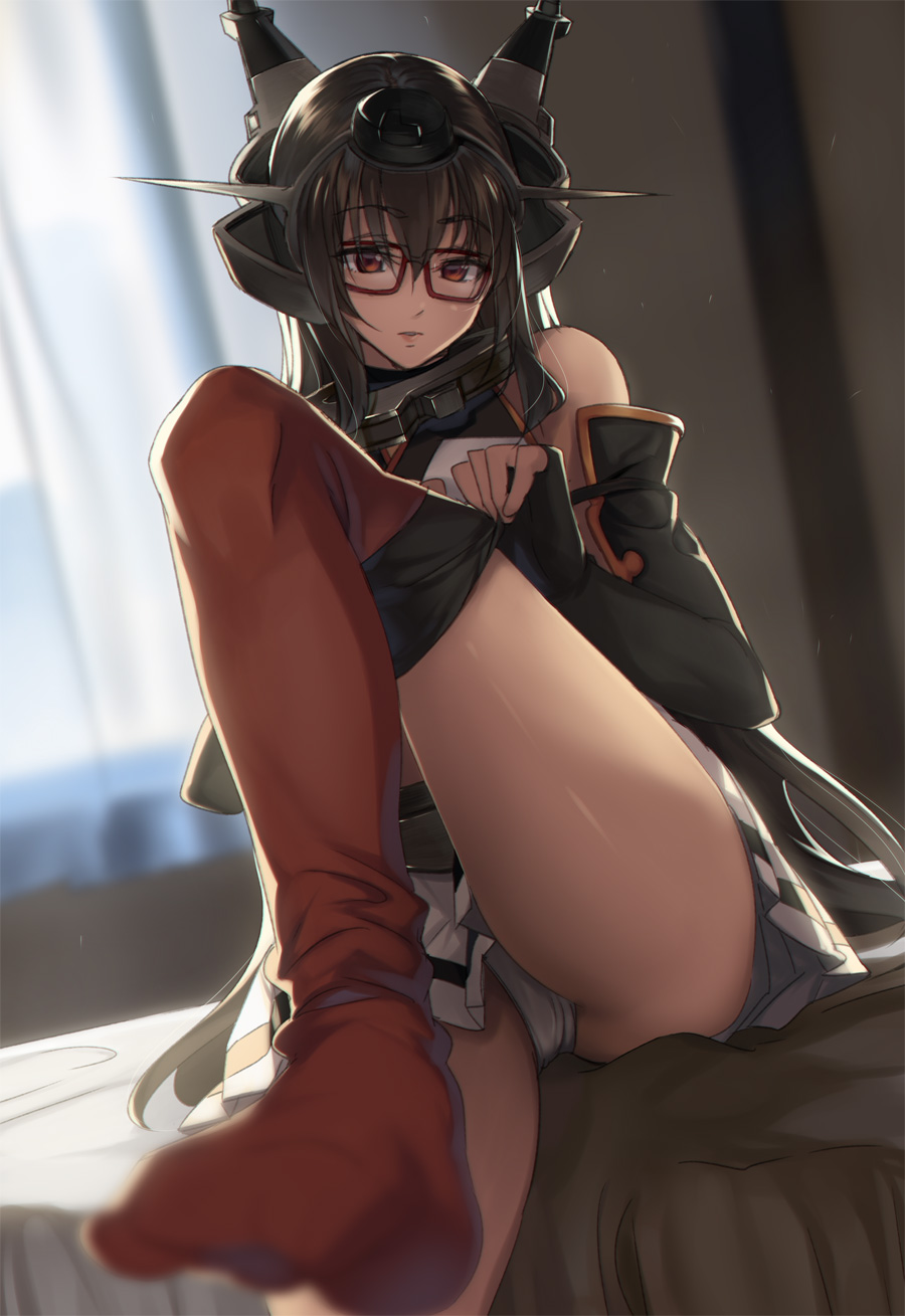 1girl adjusting_clothes adjusting_legwear bare_shoulders bespectacled black_gloves blurry brown_hair depth_of_field fingerless_gloves glasses gloves headgear highres kabocha kantai_collection long_hair looking_at_viewer nagato_(kantai_collection) panties red-framed_glasses red_eyes red_legwear solo thigh-highs thighhighs_pull underwear white_panties