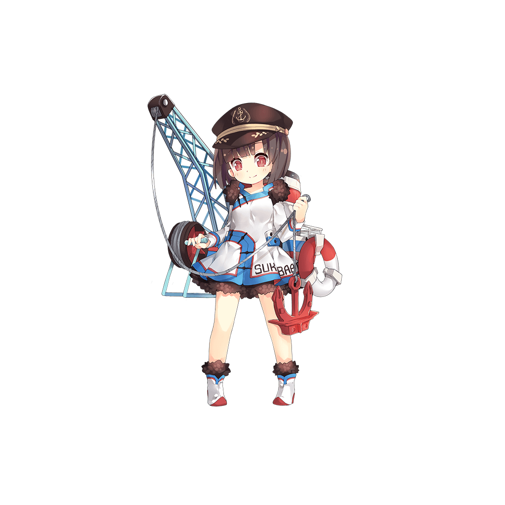 1girl anchor artist_request black_hair character_name child crane dress frills hat lifebuoy mongolian_people's_army_navy official_art pigeon-toed red_eyes short_hair smokestack solo sukhbaatar_(warship_girls_r) sukhbaatar_i_(tugboat) transparent_background warship_girls_r wire