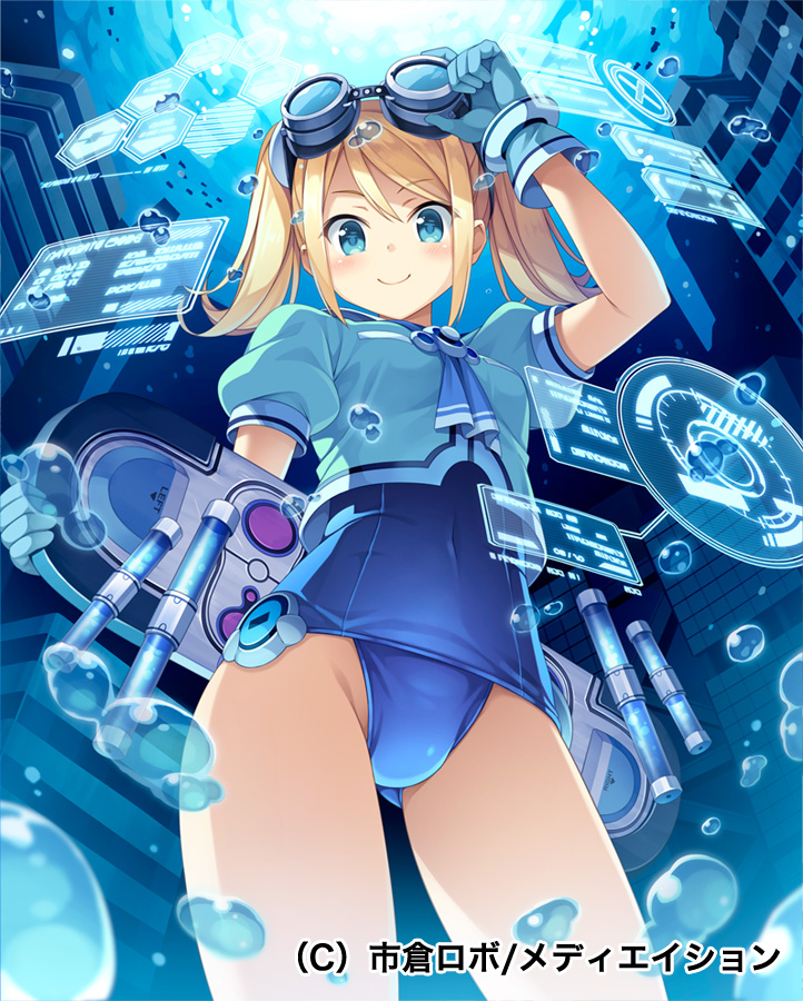 1girl adjusting_goggles arm_up blonde_hair blue blue_eyes bubble city cowboy_shot fish gloves goggles goggles_on_head holographic_interface holographic_monitor hover_board ichikura_(bk) long_hair neckerchief original school_swimsuit school_uniform serafuku short_sleeves smile solo surfboard swimsuit swimsuit_under_clothes thighs twintails underwater water