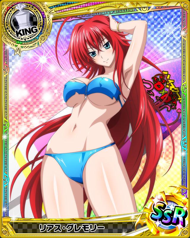 1girl ahoge artist_request bikini breasts character_name high_school_dxd jewelry king_(chess) large_breasts long_hair midriff official_art redhead rias_gremory school surfboard swimsuit torn_clothes torn_swimsuit trading_cards very_long_hair zipper