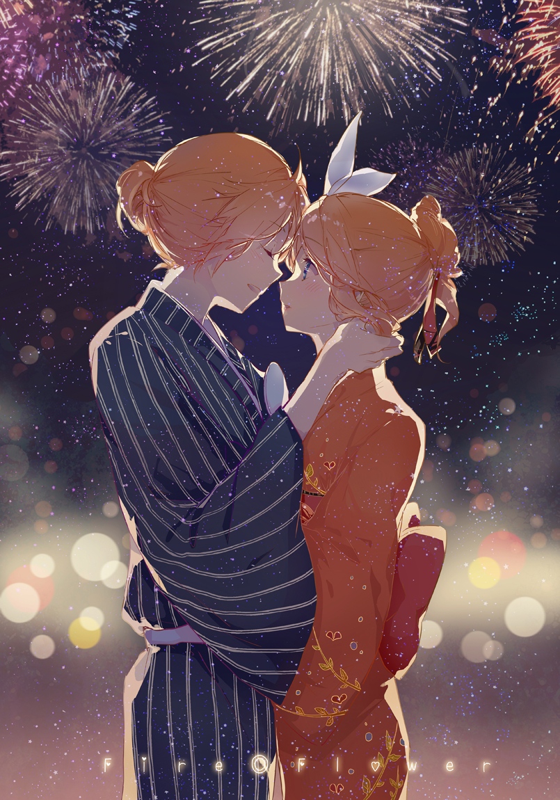 1boy 1girl bad_id blonde_hair blue_eyes blush brother_and_sister closed_eyes fire_flower_(vocaloid) fireworks hair_ribbon hand_on_another's_neck head_to_head japanese_clothes kagamine_len kagamine_rin kimono kinokohime_(mican02rl) night night_sky otoko_no_ko parted_lips ponytail ribbon short_hair siblings sky star_(sky) starry_sky striped vocaloid yukata