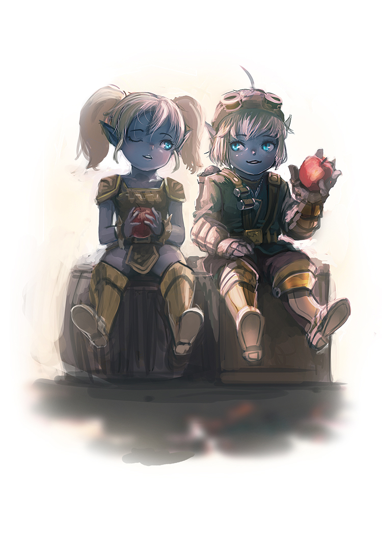 2girls armor barrel blue_eyes blue_skin chest_plate full_armor gauntlets goggles goggles_on_head hair_between_eyes la_ciero_(pixiv) league_of_legends looking_at_another multiple_girls open_mouth pointy_ears poppy short_hair short_twintails sitting spaulders tristana twintails white_hair yordle