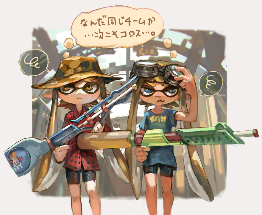 2girls :&lt; adjusting_goggles bike_shorts blonde_hair blue_eyes blue_shirt chromatic_aberration commentary_request domino_mask fangs goggles goggles_on_head hat holding inkling long_hair long_sleeves looking_away looking_to_the_side mask multiple_girls nootaragibe orange_eyes orange_hair plaid plaid_shirt pointy_ears red_shirt shirt short_sleeves speech_bubble splatoon spoken_squiggle squiggle super_soaker t-shirt thought_bubble translated