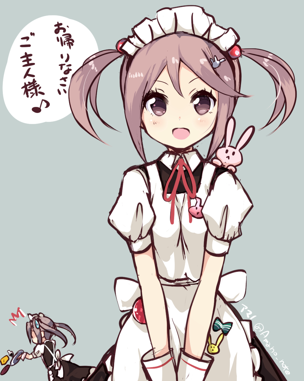 /\/\/\ 2girls :d alternate_costume amano_kouki apron brown_hair enmaided hair_bobbles hair_ornament highres kantai_collection looking_at_viewer maid maid_apron maid_headdress multiple_girls open_mouth pink_eyes pink_hair puffy_short_sleeves puffy_sleeves rabbit revision sazanami_(kantai_collection) short_sleeves simple_background smile twintails twitter_username v_arms zuihou_(kantai_collection)