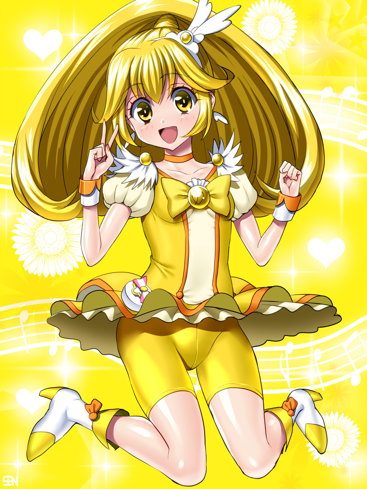 1girl anzu_(onelelee) bike_shorts blonde_hair bow choker cure_peace high_heels kise_yayoi long_hair magical_girl open_mouth ponytail precure shorts_under_skirt skirt smile smile_precure! solo v wrist_cuffs yellow_bike_shorts yellow_bow yellow_eyes yellow_skirt