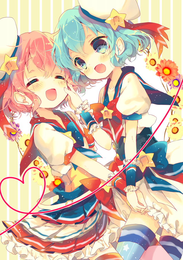 1boy 1girl :d ^_^ ^o^ arm_grab blue_bow blue_eyes blue_hair blush bow bowtie brother_and_sister closed_eyes crossdressinging dorothy_west fang floral_background flower frilled_skirt frills hand_on_another's_face hat heart heart_of_string holding_hands idol layered_skirt leona_west nekoto_rina open_mouth otoko_no_ko pink_hair pripara puffy_short_sleeves puffy_sleeves red_bow sailor_collar short_hair short_sleeves siblings skirt smile star thigh-highs twins vertical-striped_background vertical_stripes wrist_cuffs