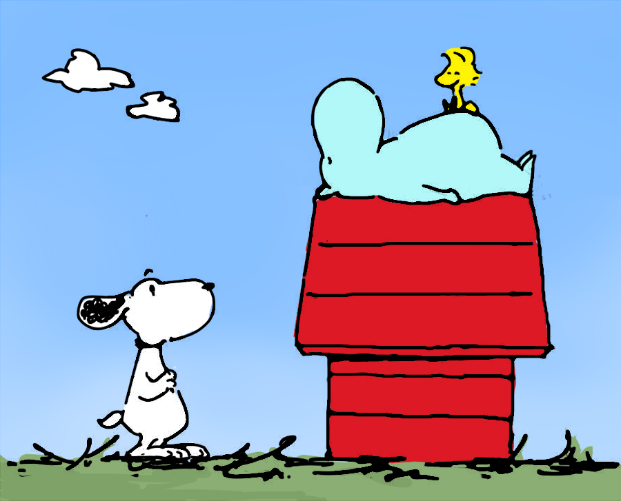 animal_ears beagle bird charles_schulz_(style) clouds crossover dog dog_ears doghouse grass monoyuu moomin moomintroll no_humans outdoors peanuts simple_background sitting sitting_on_person sleeping snoopy woodstock