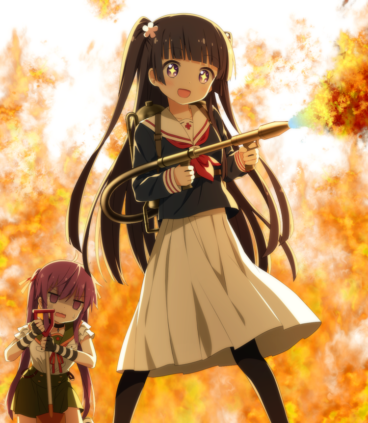 +_+ 2girls bangs black_hair blunt_bangs blush crossover ebisuzawa_kurumi fingerless_gloves flamethrower flower gakkou_gurashi! gloves hair_ornament haribote_(tarao) kohashi_wakaba long_hair multiple_girls open_mouth pantyhose purple_hair school_uniform season_connection seiyuu_connection serafuku shovel skirt smile twintails violet_eyes wakaba_girl weapon worktool