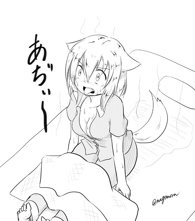 1girl animal_ears barefoot breasts cleavage collarbone inubashiri_momiji monochrome open_mouth pajamas short_hair signature solo sweat tail taurine_8000mg tongue tongue_out touhou translation_request wolf_ears wolf_tail
