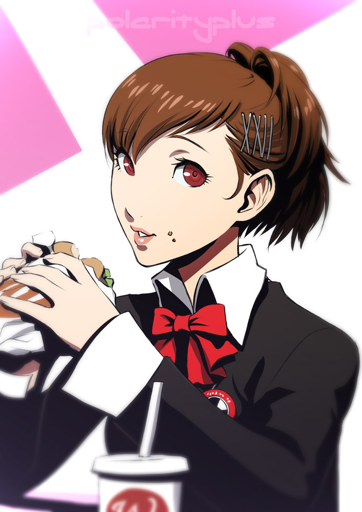 1girl brown_hair daniel_macgregor eyelashes female_protagonist_(persona_3) food food_on_face hair_ornament hairclip hamburger lips looking_at_viewer persona persona_3 persona_3_portable portrait red_eyes school_uniform short_hair