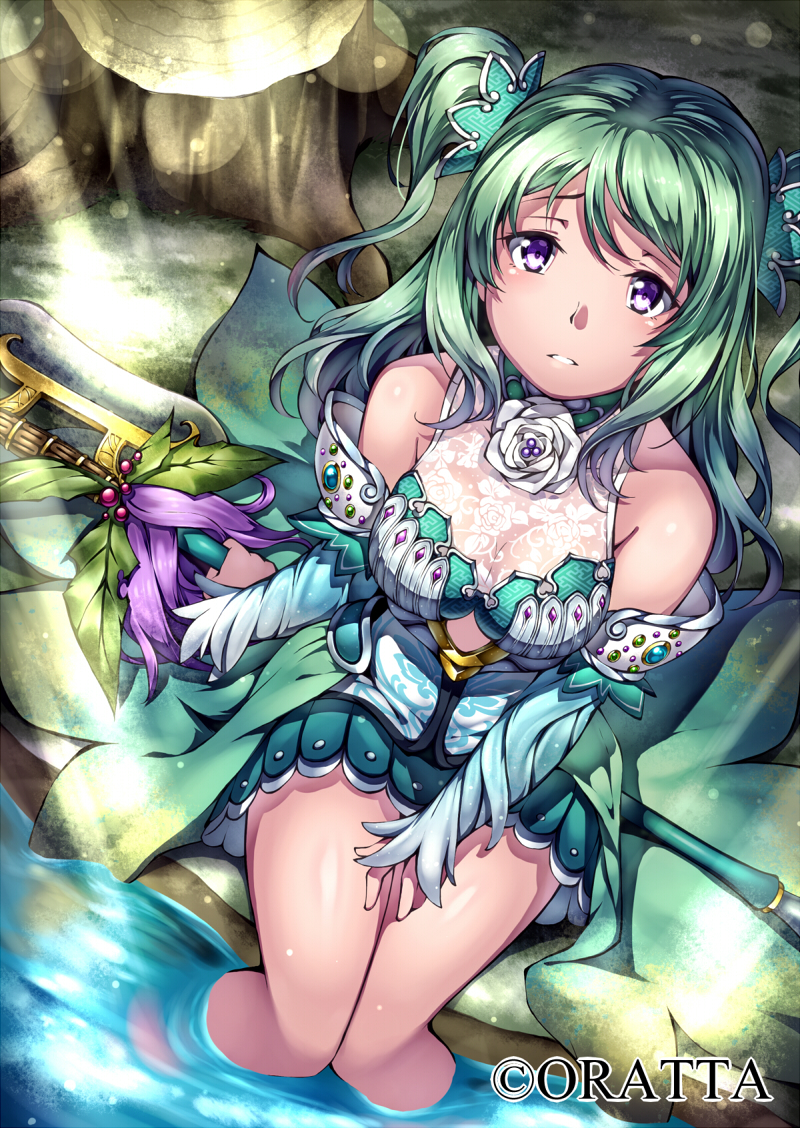 1girl blush breasts cleavage company_name decchi_oyabun detached_sleeves feet_in_water flower green_hair holding knees_together_feet_apart lens_flare long_hair looking_at_viewer original parted_lips skirt soaking_feet solo sunlight tree_stump two_side_up violet_eyes water watermark