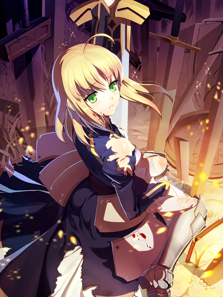 1girl ahoge armor blonde_hair blood excalibur fate/stay_night fate_(series) green_eyes injury saber short_hair solo sword vmax-ver weapon