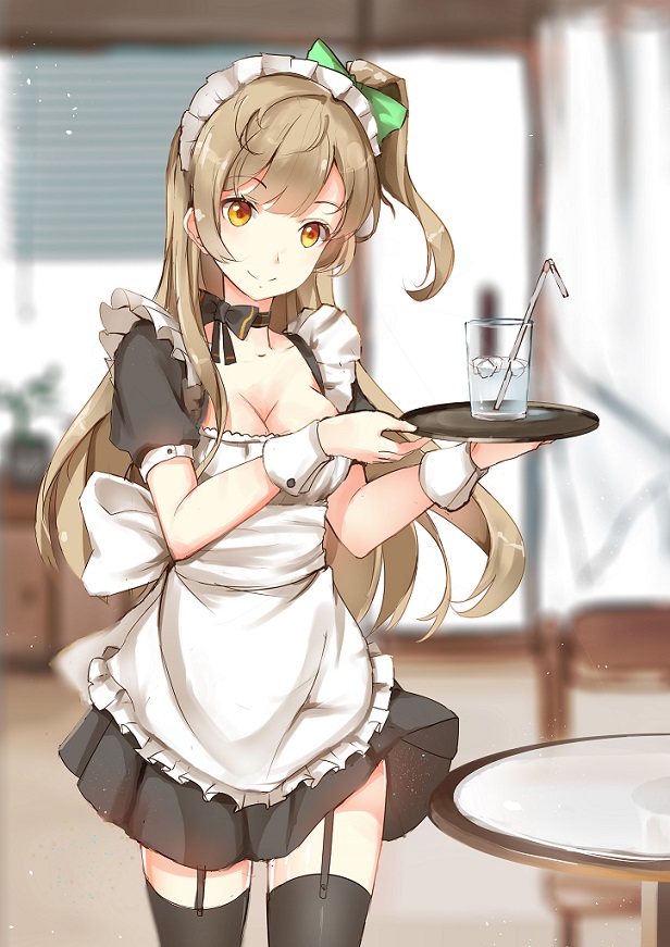 1girl apron bangs black_bow black_dress black_legwear blurry bow breasts brown_eyes brown_hair cleavage cowboy_shot depth_of_field dress drink drinking_glass drinking_straw garter_straps green_bow hair_bow ice_cube indoors long_hair looking_at_viewer love_live!_school_idol_project maid maid_headdress minami_kotori neck_ribbon orange_eyes ribbon short_dress short_sleeves side_ponytail smile solo table thigh-highs tray wrist_cuffs z_shichao zettai_ryouiki