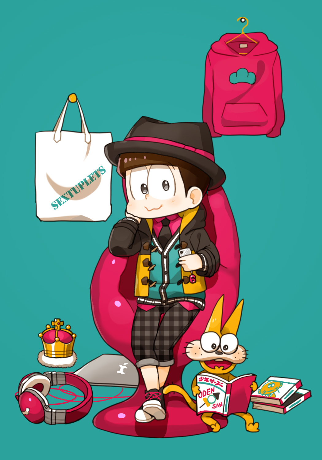 1boy :3 bag blue_background book_stack brown_hair cat chin_rest computer crown hat headphones highres hijirisawa_shonosuke hooded_jacket hoodie laptop m-minato male_focus moretsu_ataro nyarome oden osomatsu-kun osomatsu-san porkpie_hat reading shoes simple_background siting sneakers solo