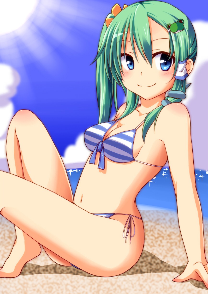 1girl alternate_hairstyle beach bikini blue_eyes blush body_blush breasts collarbone frog_hair_ornament green_hair hair_ornament hair_tubes highres kochiya_sanae looking_at_viewer navel nitizyo seaside short_hair side_ponytail sitting smile snake_hair_ornament solo sun swimsuit touhou