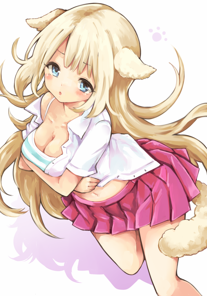 1girl :o animal_ears blonde_hair blue_eyes blush breasts cleavage long_hair morina_nao navel open_clothes open_shirt original paw_print shadow shirt skirt solo standing_on_one_leg striped tail very_long_hair