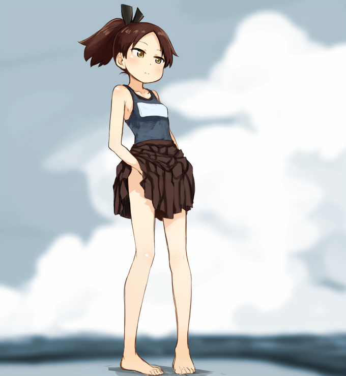 1girl abe_kanari brown_hair collarbone full_body kantai_collection pleated_skirt ponytail school_swimsuit shikinami_(kantai_collection) sketch skirt solo swimsuit yellow_eyes