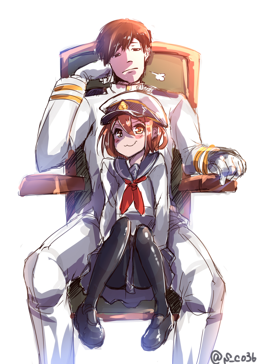 &gt;:3 1boy 1girl :3 admiral_(kantai_collection) amatelas character_request frustrated highres kantai_collection sitting sitting_on_lap sitting_on_person smirk tagme