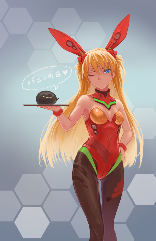 1girl adapted_costume animal_ears bare_shoulders blonde_hair blue_eyes hand_on_hip long_hair neon_genesis_evangelion one_eye_closed plugsuit rabbit_ears scotishfold solo souryuu_asuka_langley tagme translation_request