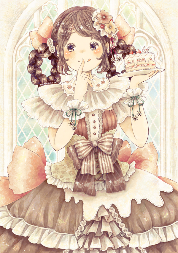 1girl :q blush bow brown_eyes brown_hair cake collar double_bun dress finger_to_mouth flower food frilled_dress frills hair_flower hair_ornament hairclip momochy original sleeveless solo sparkle stained_glass tongue tongue_out wrist_cuffs