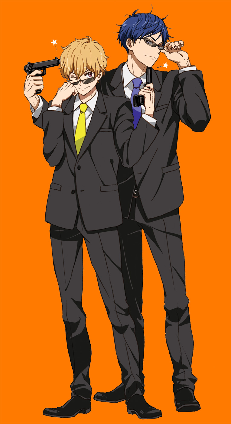 2boys :&gt; blonde_hair blue_hair formal free! gun handgun hazuki_nagisa highres male_focus mattsu multiple_boys one_eye_closed open_mouth pistol red_eyes ryuugazaki_rei short_hair smile suit sun sunglasses violet_eyes weapon