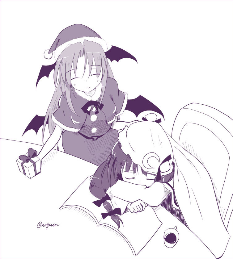 2girls ^_^ alternate_costume bat_wings bell belt blanket book bow box chair chin_rest christmas closed_eyes covering_with_blanket crescent crossed_arms cup from_above fur_trim gift gift_box giving hair_ribbon hat hat_bow head_wings koakuma long_hair long_sleeves low_wings mob_cap monochrome multiple_girls open_book patchouli_knowledge ribbon santa_costume santa_hat short_sleeves sidelocks simple_background sitting sleeping smile standing table taurine_8000mg teacup touhou tress_ribbon twitter_username white_background wings