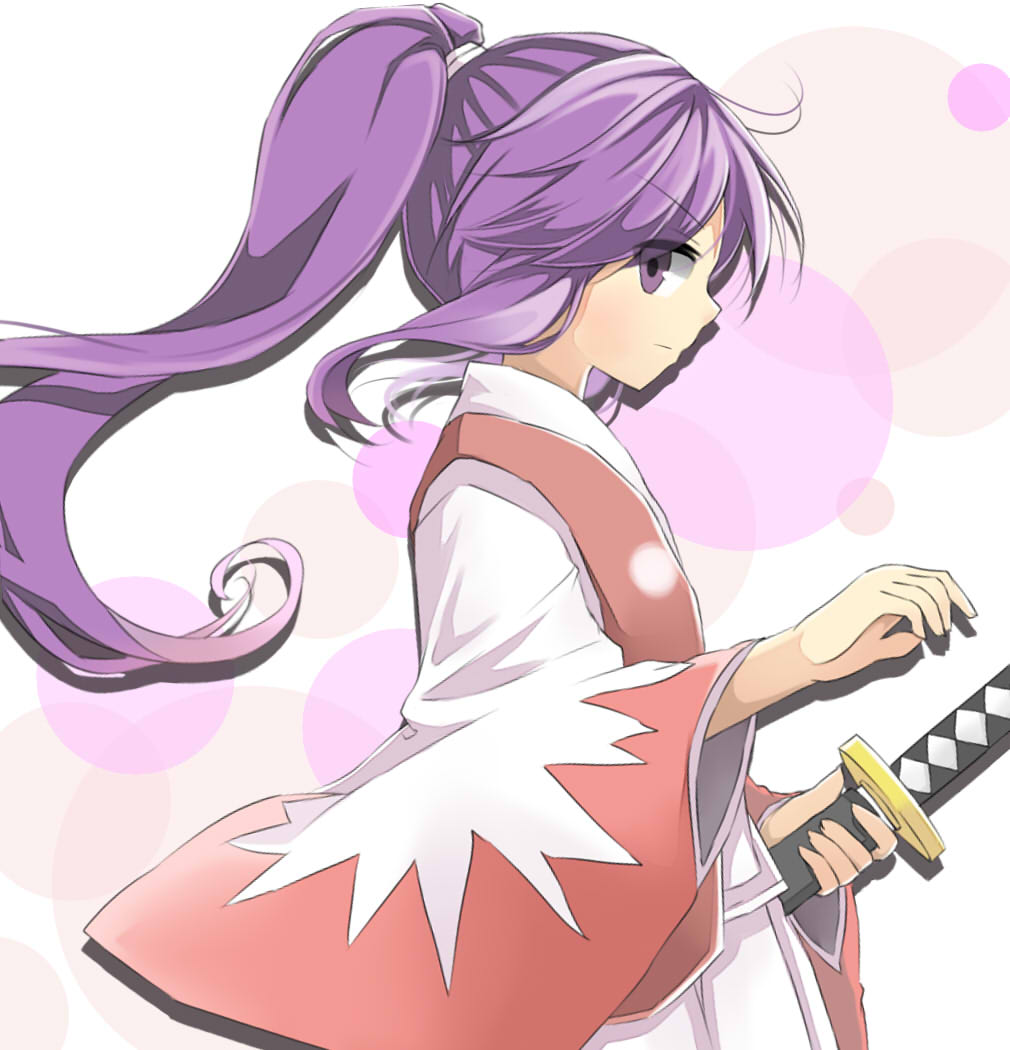 1girl bow ellipsis_(mitei) japanese_clothes long_hair meira ponytail profile purple_hair ribbon solo sword touhou touhou_(pc-98) weapon