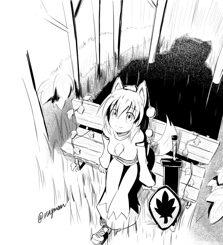 1girl animal_ears detached_sleeves forest hat inubashiri_momiji leaf looking_at_viewer looking_up monochrome nature park_bench pom_pom_(clothes) shield short_hair signature sitting solo sword tail taurine_8000mg tokin_hat touhou vine weapon weapon_bag wolf_ears wolf_tail