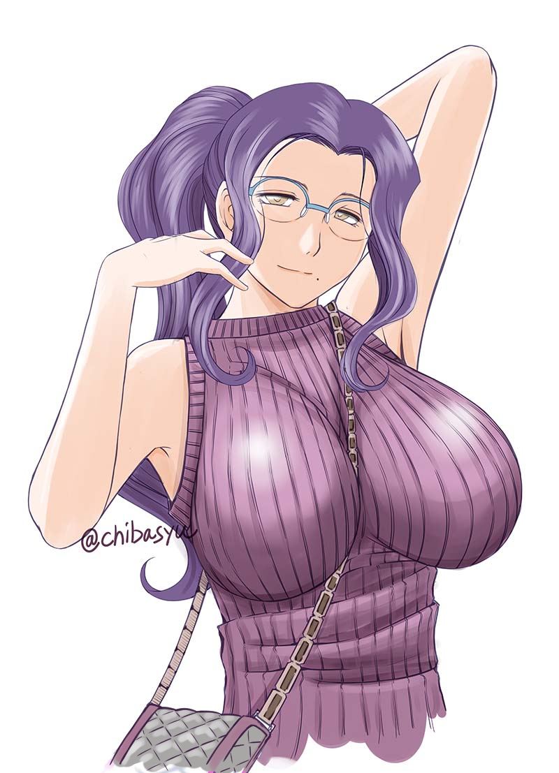 1girl arm_up armpits bag breasts brown_eyes chiba_shuusaku glasses handbag impossible_clothes impossible_sweater kyuujou_lovers large_breasts long_hair mole mole_under_mouth motomachi_shouko over-rim_glasses ponytail portrait purple_hair ribbed_sweater semi-rimless_glasses sidelocks smile solo strap_cleavage sweater sweater_vest