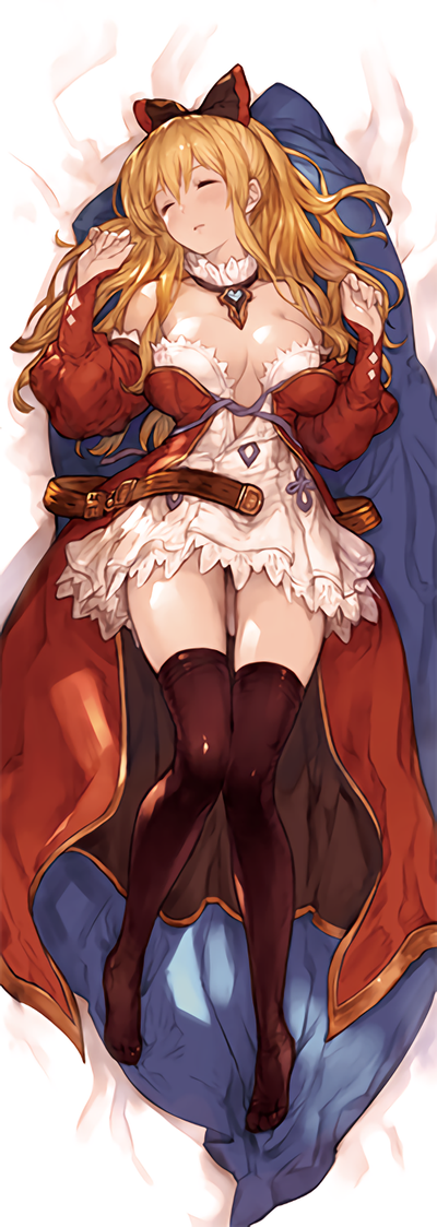 1girl bangs bare_shoulders bed_sheet belt black_legwear blonde_hair blush bow breasts cleavage closed_eyes dakimakura detached_collar detached_sleeves dress from_above front-tie_top full_body granblue_fantasy hair_bow jewelry lace long_hair lying minaba_hideo no_bra on_back on_bed one_side_up open_mouth parted_lips pendant puffy_detached_sleeves puffy_sleeves ribbon sample short_dress sidelocks sleeping solo surprised_arms thigh-highs thigh_gap unbuckled_belt untied vila zettai_ryouiki