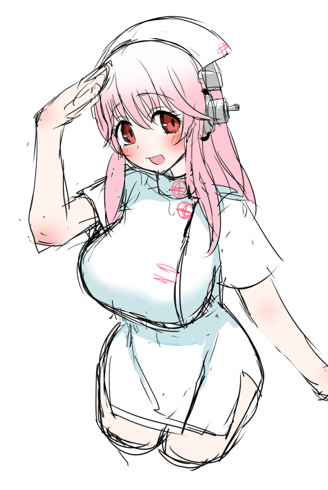 1girl :d blush breasts cropped_legs curvy dress hat headphones large_breasts looking_away looking_to_the_side nitroplus nurse nurse_cap open_mouth pink_hair red_eyes short_dress short_sleeves simple_background sketch smile solo super_sonico wakai_hiroshi white_background white_dress