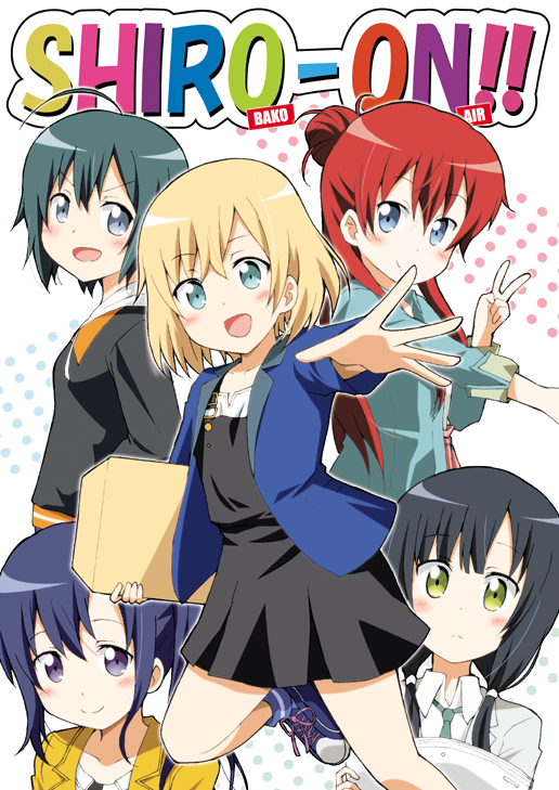 5girls black_hair blue_eyes blue_hair brown_hair green_eyes imai_midori k-on! long_hair low_twintails miyamori_aoi multiple_girls open_mouth parody redhead sakaki_shizuka shirobako short_hair side_ponytail toudou_misa twintails yasuhara_ema yuuki_sonisuke