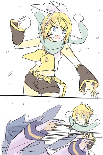 akiyoshi_(tama-pete) blonde_hair blue_hair detached_sleeves hair_ribbon in_the_face kagamine_len kagamine_rin kaito ribbon sailor_collar scarf siblings snow snowball vocaloid