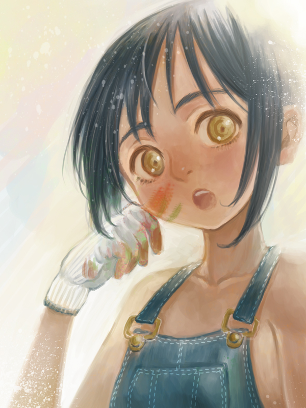 1girl :o black_hair brown_eyes collarbone gloves looking_at_viewer naked_overalls open_mouth original overalls paint_on_face paint_splatter short_hair yutazo_028