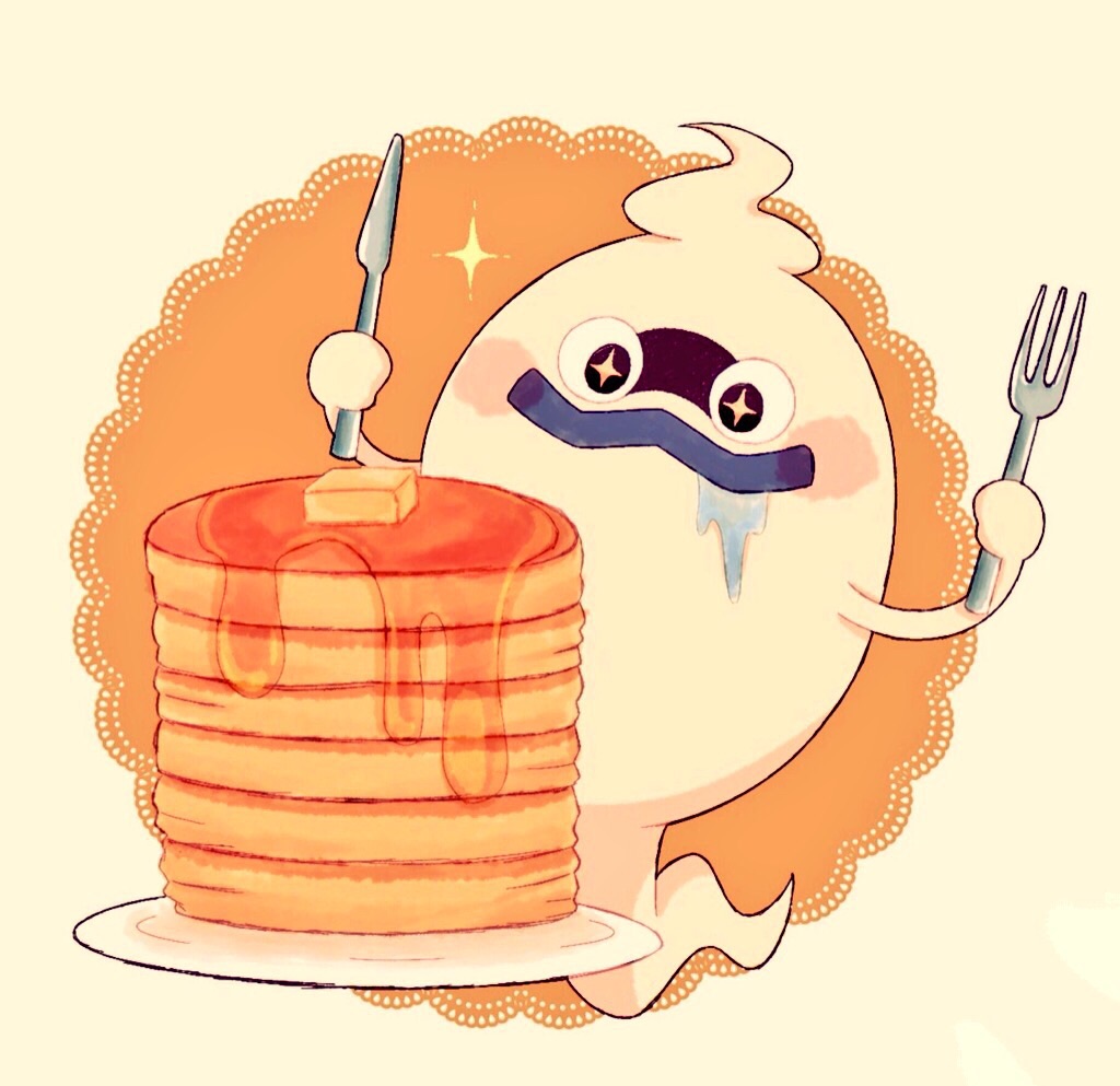 adenade blush butter fork ghost knife no_humans pancake plate purple_lips simple_background solo sparkle sparkle_eyes stack_of_pancakes syrup whisper_(youkai_watch) youkai youkai_watch