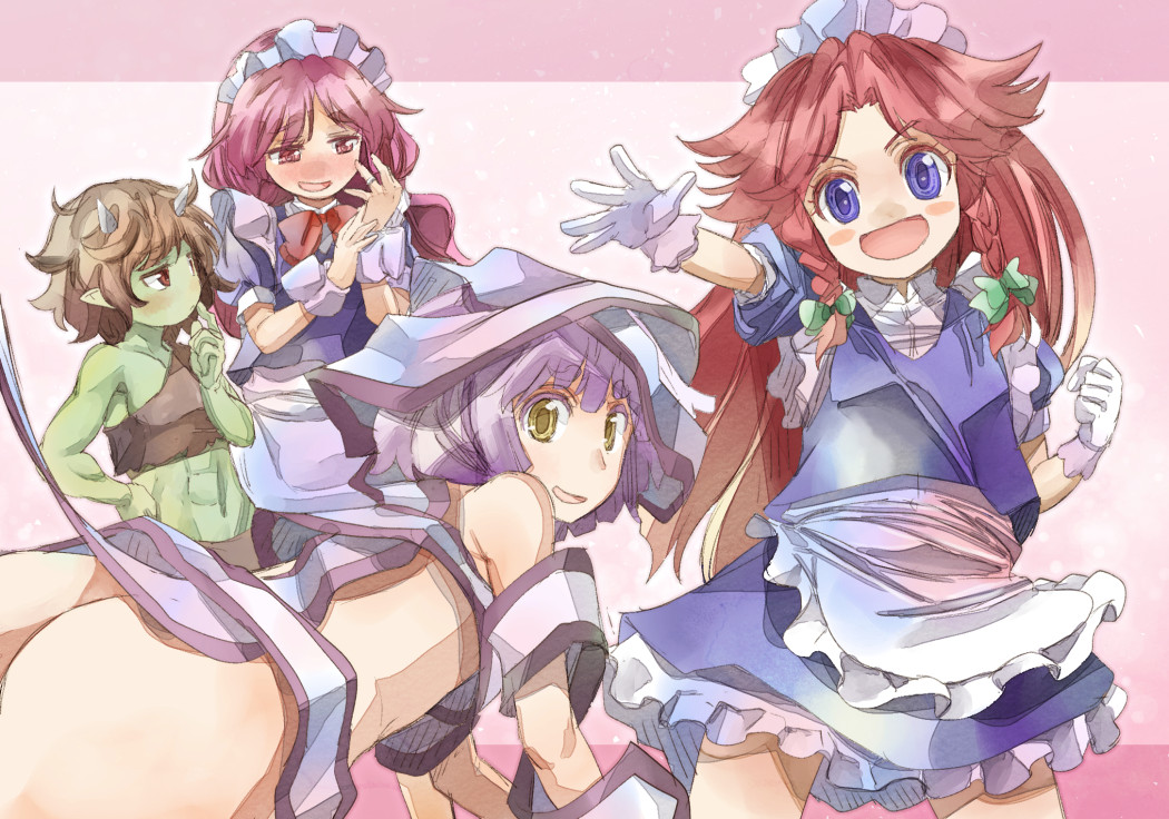 abs alternate_costume ass blue_eyes blush_stickers bow braid brown_hair clenched_hand enmaided eyebrows fairy_maid gloves green_skin hand_on_hip hobgoblin_(touhou) hong_meiling horns jewelry lavender_hair looking_at_viewer maid maid_headdress open_mouth outstretched_arm personification pink_eyes pink_hair redhead ring skirt smile sorcerer's_sutra_scroll touhou twin_braids wedding_band white_gloves yellow_eyes yohane