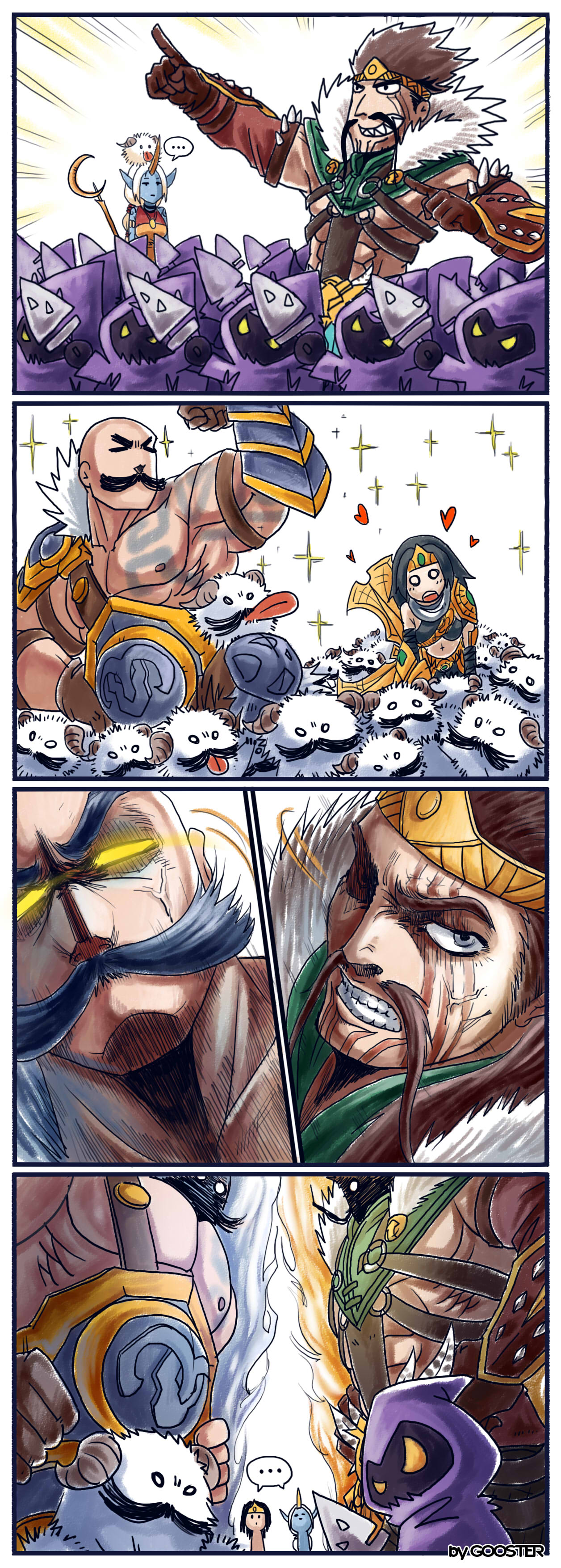 absurdres blue_skin braum_(league_of_legends) comic draven facial_hair gloves gooster highres horn league_of_legends long_hair minion_(league_of_legends) multiple_boys multiple_girls mustache pointy_ears ponytail poro_(league_of_legends) sivir soraka staff tattoo translation_request very_long_hair weapon white_hair yellow_eyes