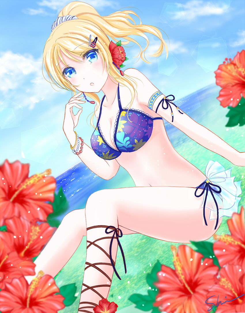 1girl ayase_eli bikini blonde_hair blue_eyes breasts long_hair love_live!_school_idol_project ponytail shino_(shinderera) solo swimsuit