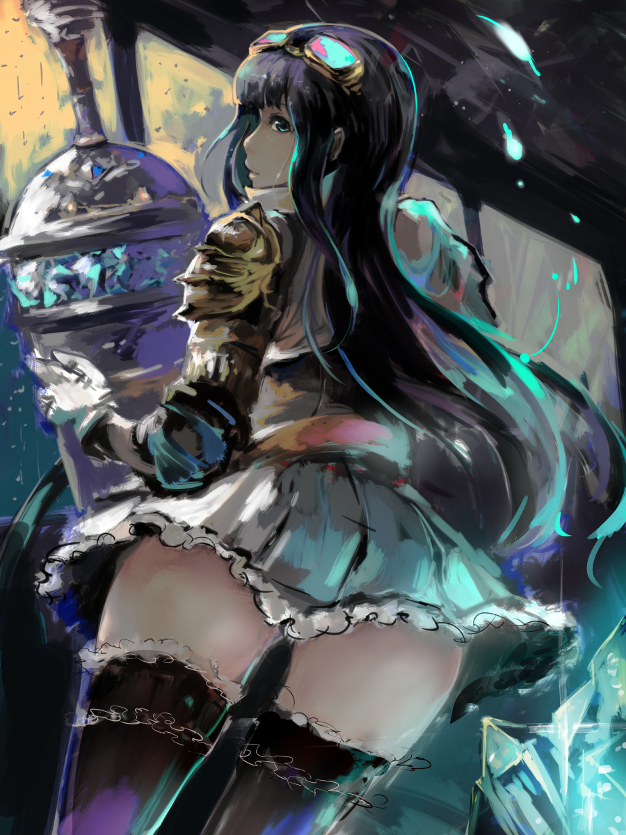 1girl black_hair black_legwear blue_eyes frilled_legwear gloves goggles goggles_on_head granblue_fantasy highres jessica_(granblue_fantasy) light_smile long_hair looking_at_viewer miniskirt re_(tori) skirt solo thigh-highs white_gloves zettai_ryouiki