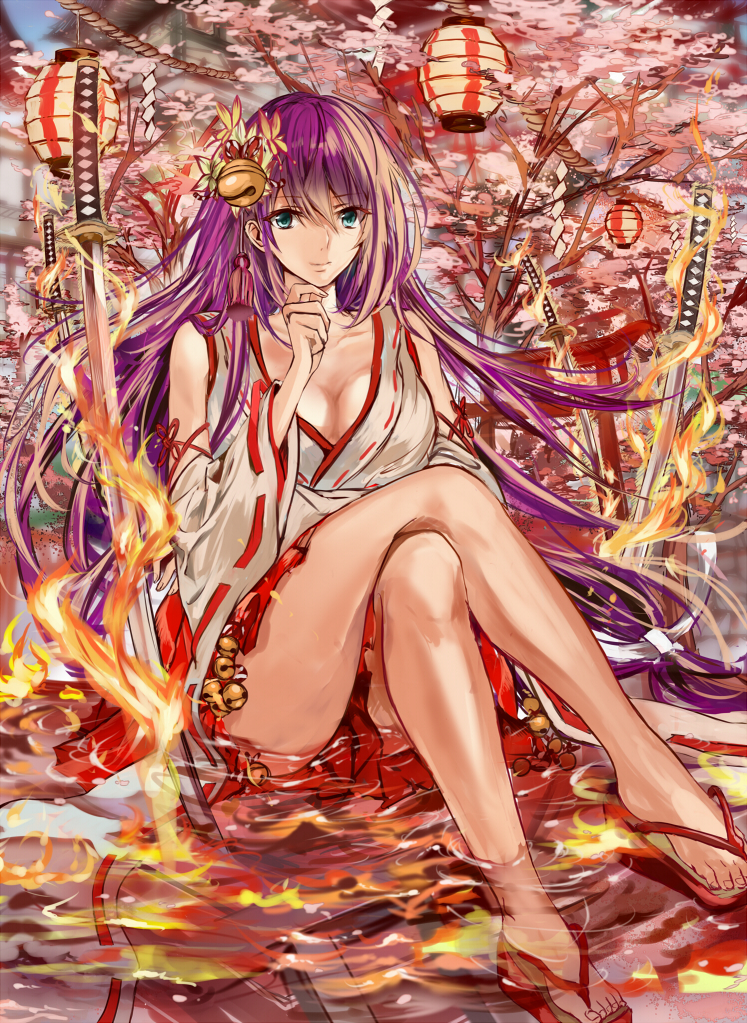 1girl bare_legs bell blue_eyes breasts cherry_blossoms cleavage crossed_legs feet_in_water fire hair_bell hair_ornament hand_on_own_chin japanese_clothes katana lantern long_hair looking_at_viewer nagata_ozu original purple_hair reflection slippers soaking_feet solo sword water weapon