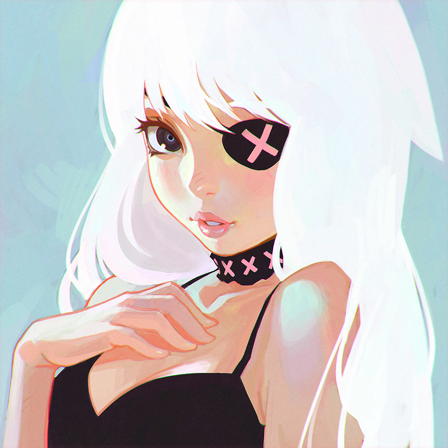 1girl blue_background breasts choker cleavage eyepatch hand_on_own_chest ilya_kuvshinov long_hair looking_at_viewer original parted_lips simple_background solo white_hair