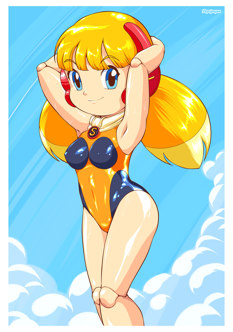 blonde_hair blue_eyes call_(mighty_no._9) mighty_no._9 pepipopo swimsuit