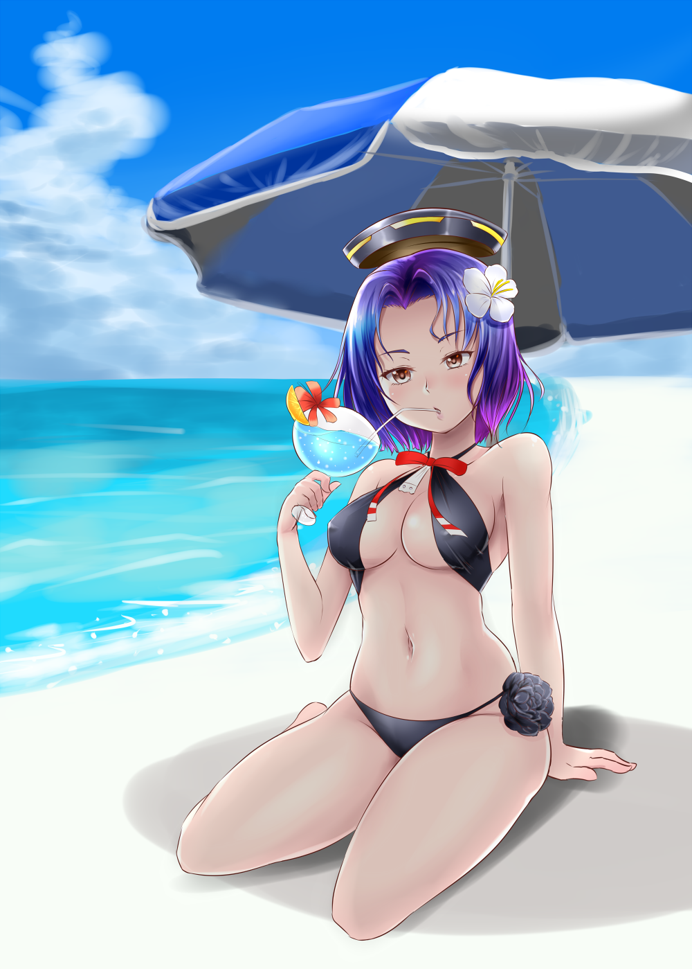 1girl beach bikini drink highres kantai_collection mechanical_halo niwatori_(syumi10) purple_hair short_hair sipping swimsuit tatsuta_(kantai_collection) umbrella violet_eyes