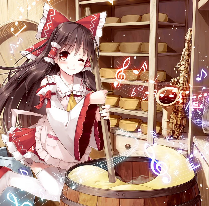 1girl album_cover apron ascot blush bow breasts brown_hair cheese_wheel commentary_request cover detached_sleeves hair_bow hair_tubes hakurei_reimu indoors instrument knees_together_feet_apart licking_lips long_hair looking_at_viewer miyase_mahiro musical_note one_eye_closed red_eyes ribbon-trimmed_sleeves ribbon_trim saxophone shelf smile solo staff_(music) stirring tongue tongue_out touhou treble_clef