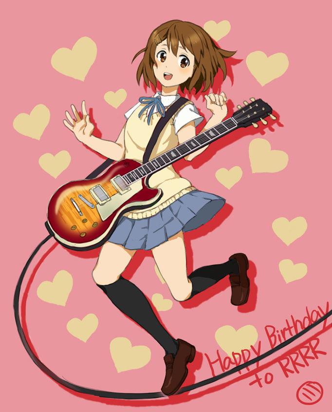 brown_eyes brown_hair guitar hair_ornament hairpin happy_birthday heart heart_background hirasawa_yui instrument k-on! kneehighs miniskirt neck_ribbon pleated_skirt ribbon sgyqanna short_hair skirt sweater_vest