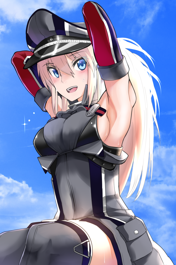 1girl :d armpits arms_behind_head arms_up bismarck_(kantai_collection) blonde_hair blue_eyes blue_sky breasts detached_sleeves fujibejifu hat long_hair military military_uniform open_mouth peaked_cap sideboob sky smile solo sparkle thigh-highs uniform zettai_ryouiki