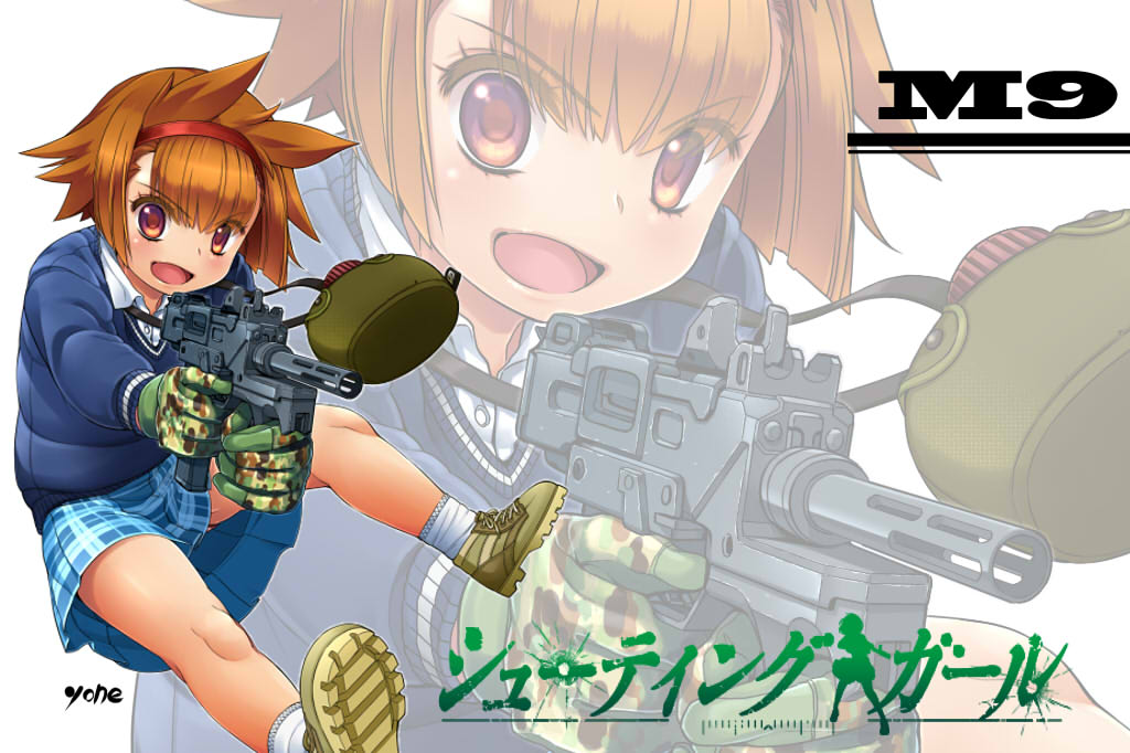 1girl artist_name boots brown_hair camouflage canteen copyright_name gloves gun hairband machine_pistol open_mouth plaid plaid_skirt red_eyes school_uniform shooting_girl short_hair skirt weapon yone_(qtron) zoom_layer