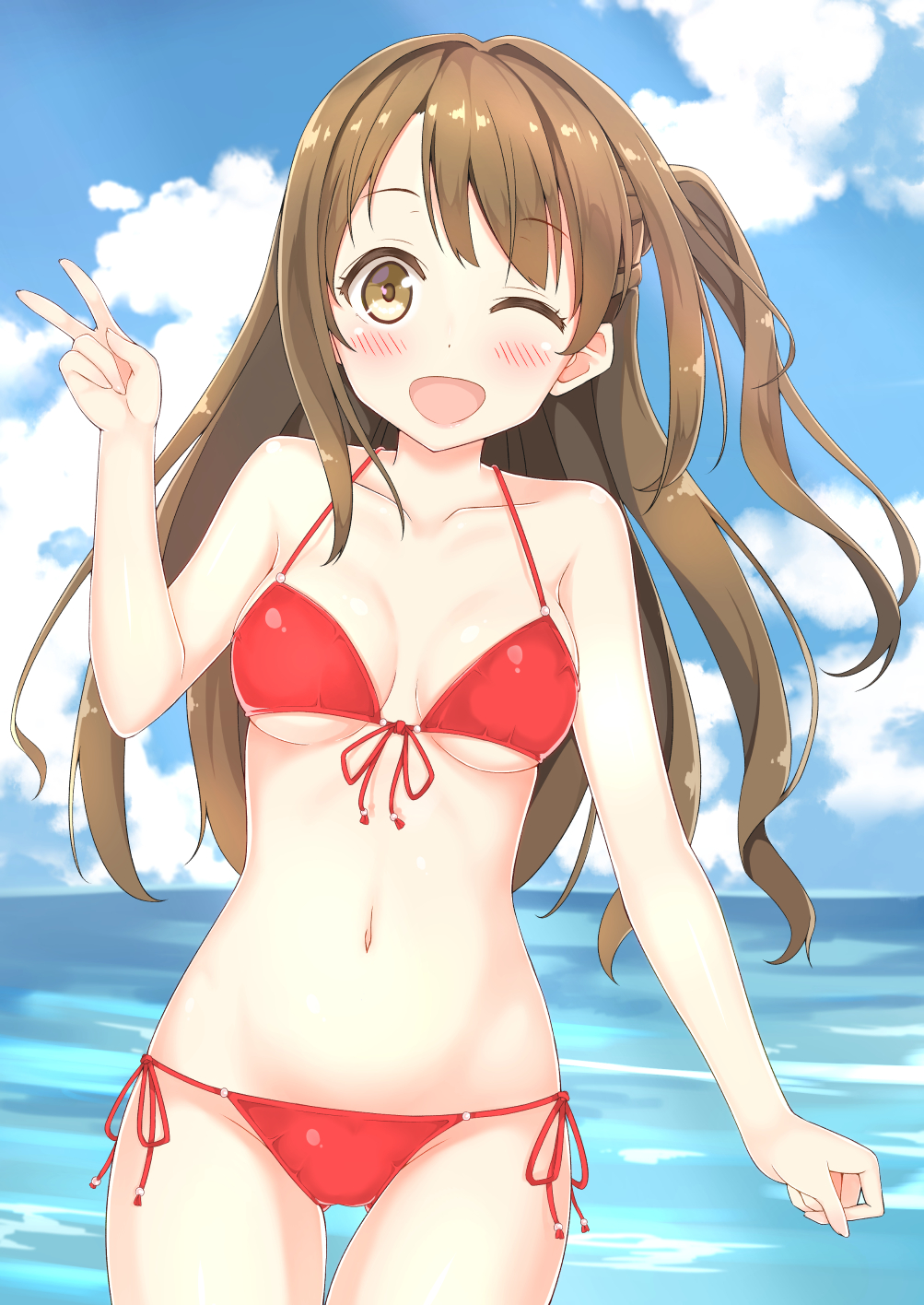 1girl bikini breasts brown_eyes brown_hair highres idolmaster idolmaster_cinderella_girls karutamo long_hair one_eye_closed open_mouth shimamura_uzuki side_ponytail smile swimsuit v